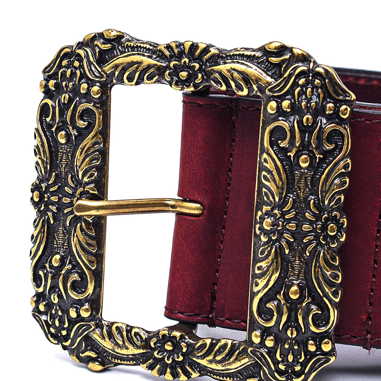 Etro-Bordeaux Calf Leather Embossed Baraque Gold Toned Buckle Belt 34||85